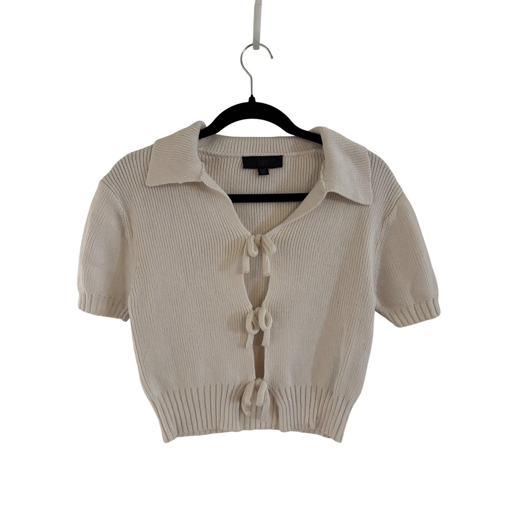 Zara Women Cream Ribbed Knit Bow Tie Front Cropped Cardigan Sweater Small